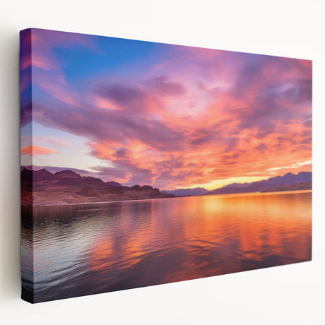 Lake Mead scenic landscape on stretched canvas, featuring serene blue and green tones, ideal for kitchen wall art.