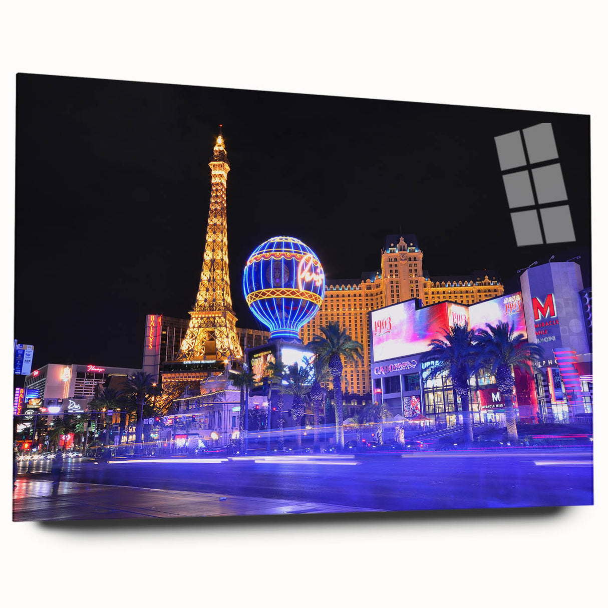 Acrylic print of a large abstract depiction of the Las Vegas skyline in vibrant twilight hues.