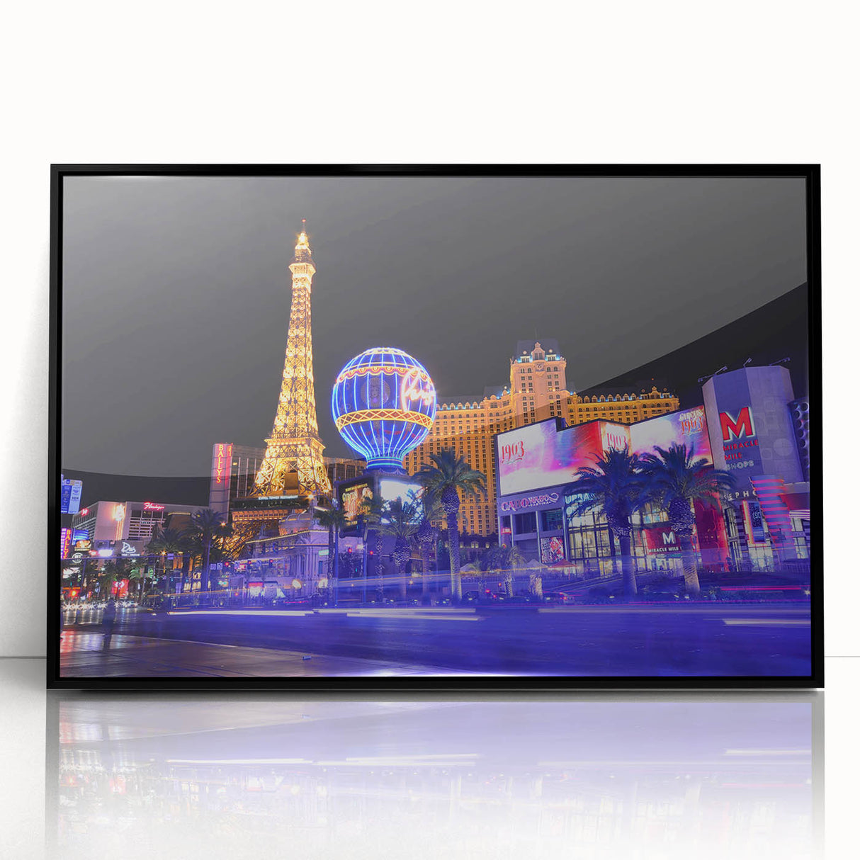 Large abstract wall art of Las Vegas skyline in black and white tones, framed acrylic, ideal for modern living room decor.