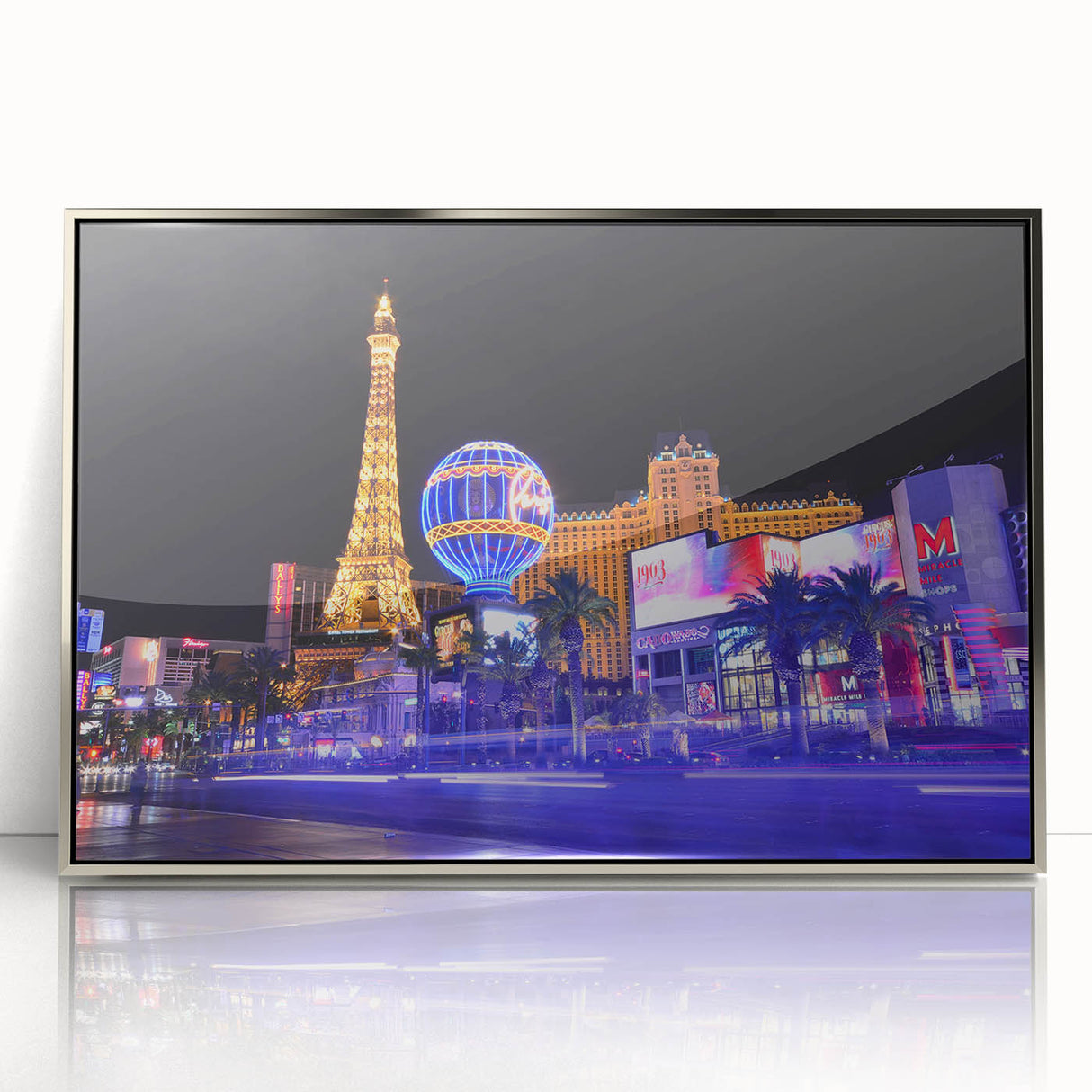 Mid-century modernist art of Las Vegas scenery in silver frame, acrylic print, suitable for modern art wall decor.