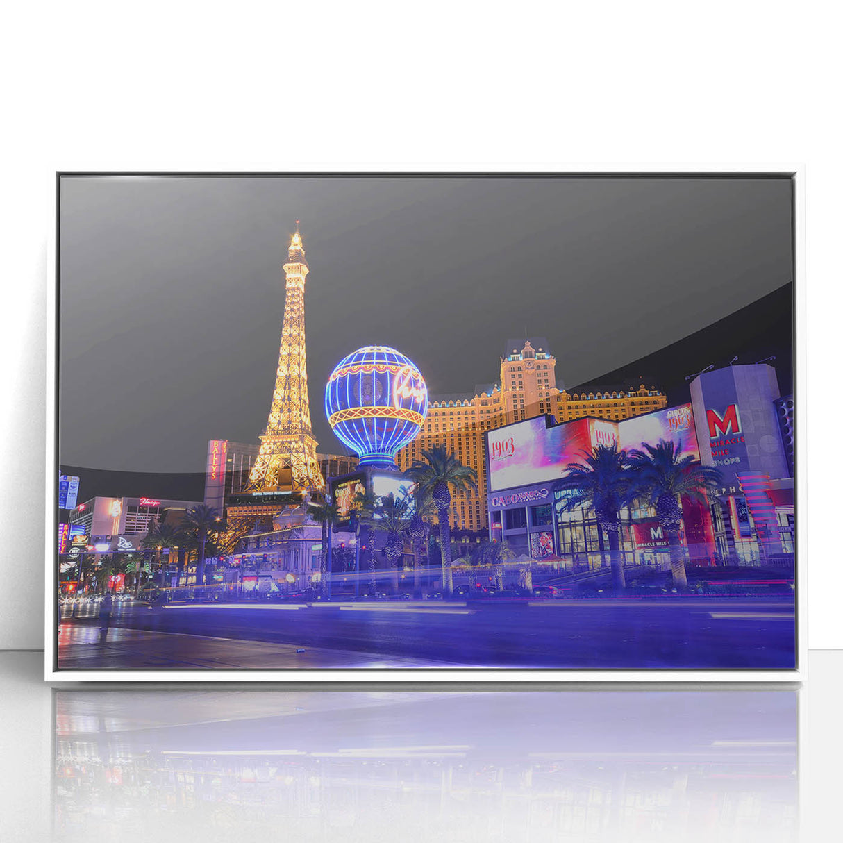 Framed acrylic print of Las Vegas skyline in art deco style with monochrome palette, ideal for modern art wall decor.