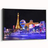 Black and white vintage poster art of Las Vegas landscape on framed canvas, suitable for bedroom decor.