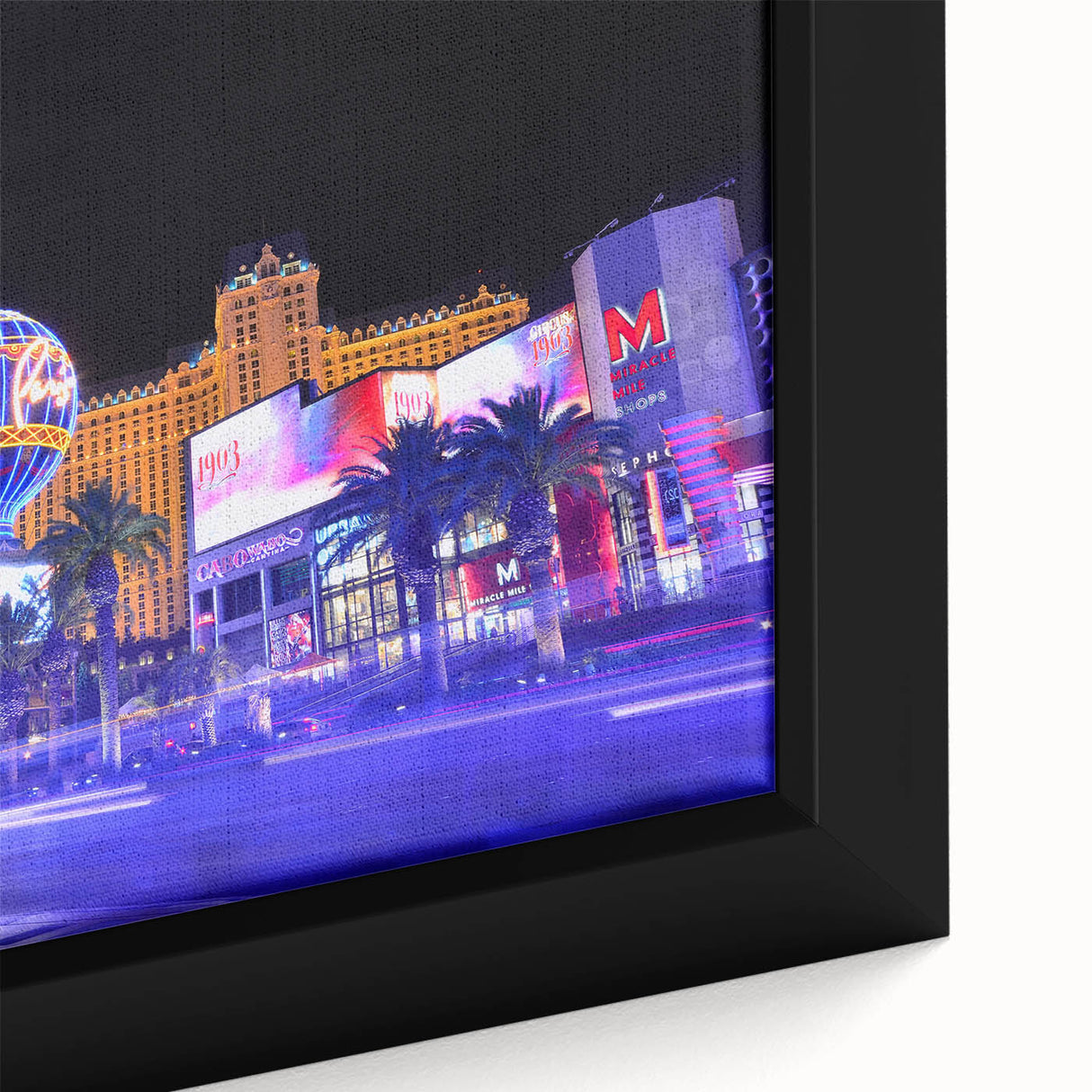 Black wall art featuring a textured Las Vegas skyline in vibrant colors on a framed canvas, ideal for living room decor.