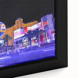 Black wall art featuring a textured Las Vegas skyline in vibrant colors on a framed canvas, ideal for living room decor.