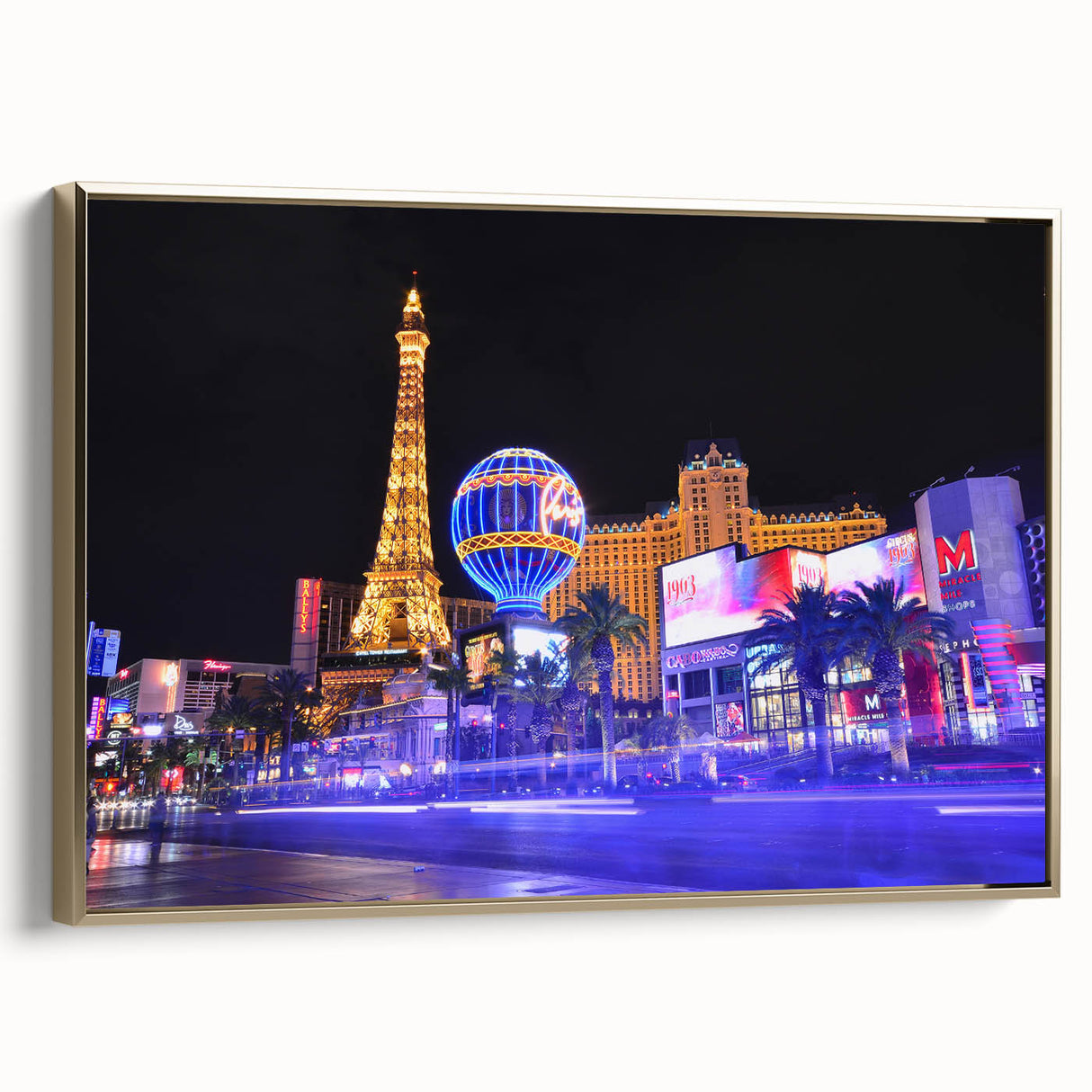 Framed canvas depicting a vintage Las Vegas landscape in black and gold tones, ideal for bedroom wall art.