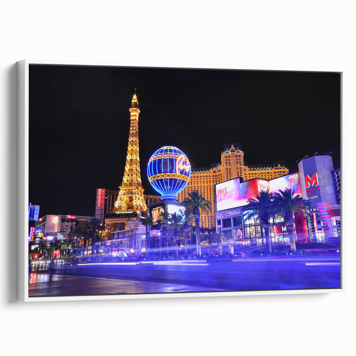 Framed canvas vintage poster art of Las Vegas with colorful neon lights, ideal for living room decor.