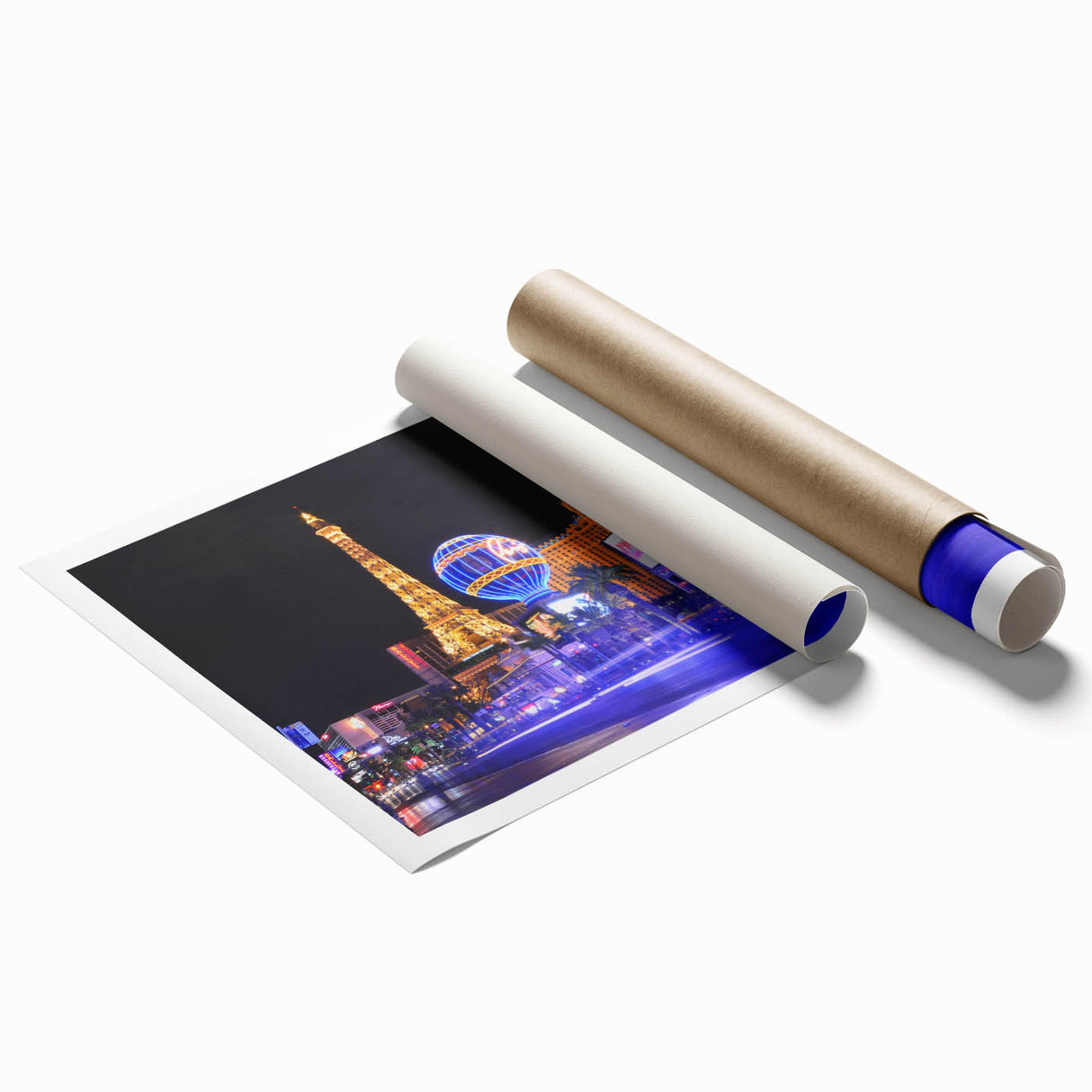 Extra large rolled print of Las Vegas scenery with vibrant twilight hues, ideal for classy bathroom wall art.