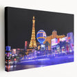 Las Vegas skyline depicted in vibrant colors on a large stretched canvas, suitable for kitchen wall art.