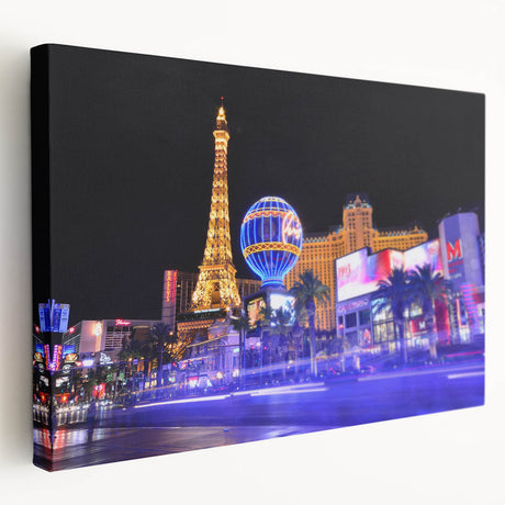 Las Vegas skyline depicted in vibrant colors on a large stretched canvas, suitable for kitchen wall art.