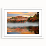 Abstract art print of a New Hampshire landscape in muted green and blue tones on a framed white canvas.