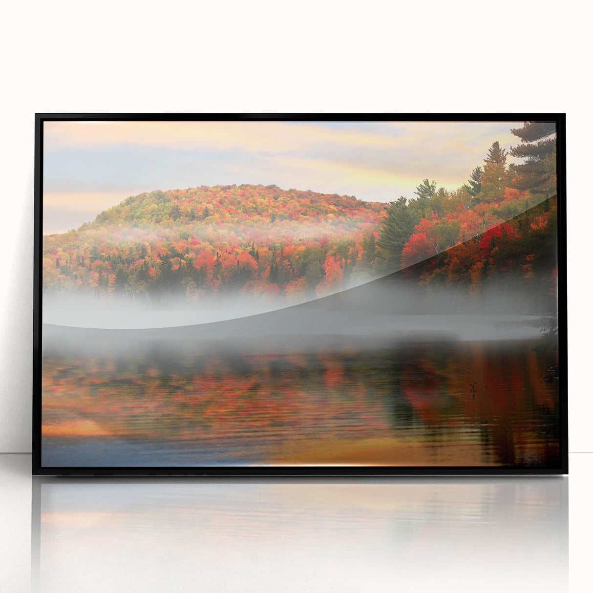 Large abstract wall art depicting a serene New Hampshire landscape in muted earth tones, framed in black acrylic.