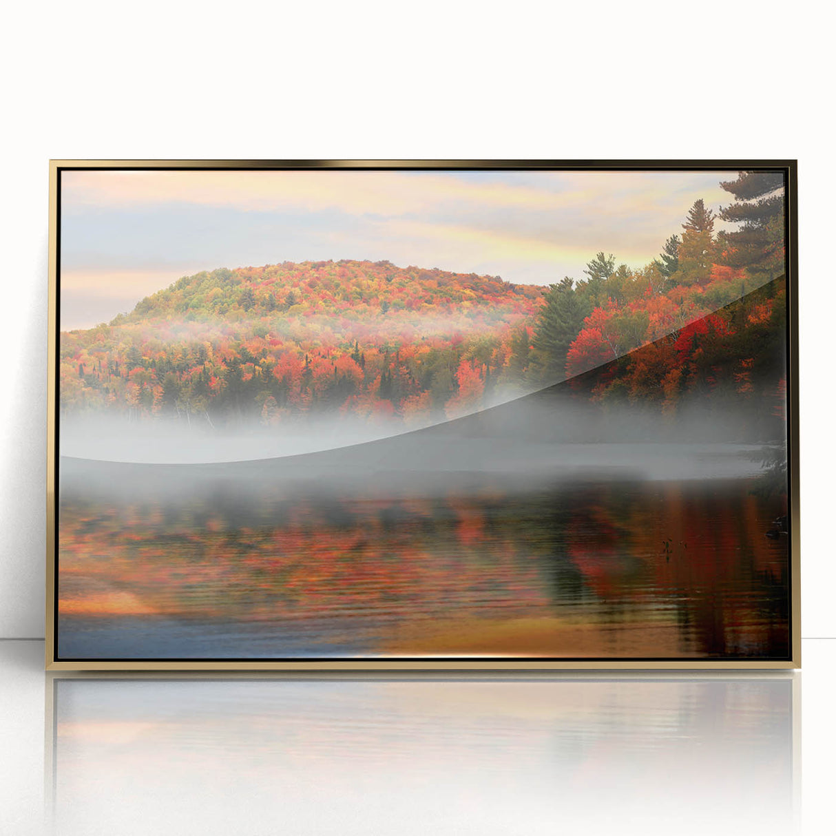 Acrylic print of a New Hampshire landscape in gold frame, featuring muted earth tones, ideal for modern art wall decor.