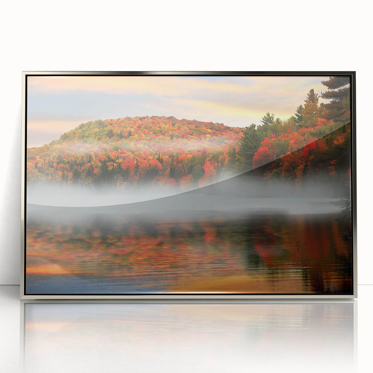Mid-century modernist art depicting New Hampshire scenery in acrylic, framed in silver, suitable for nursery wall art.