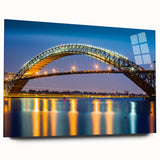 Large abstract wall art depicting the New Jersey skyline in muted gray and blue tones on acrylic glass.