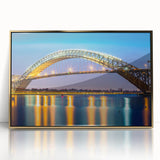 Mid-century modernist art of New Jersey scenery in muted earth tones on a framed acrylic print.