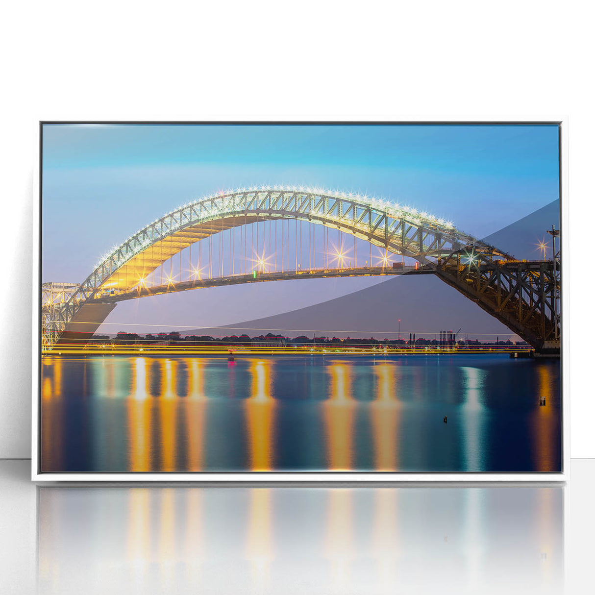 Art deco poster featuring New Jersey scenery on white framed acrylic, with muted pastel colors.