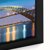 Close-up of textured black wall art featuring a colorful New Jersey scenery on a framed canvas, ideal for living room decor.