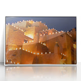 Acrylic print of a New Mexico landscape in art deco style, featuring muted earth tones, ideal for modern art wall decor.