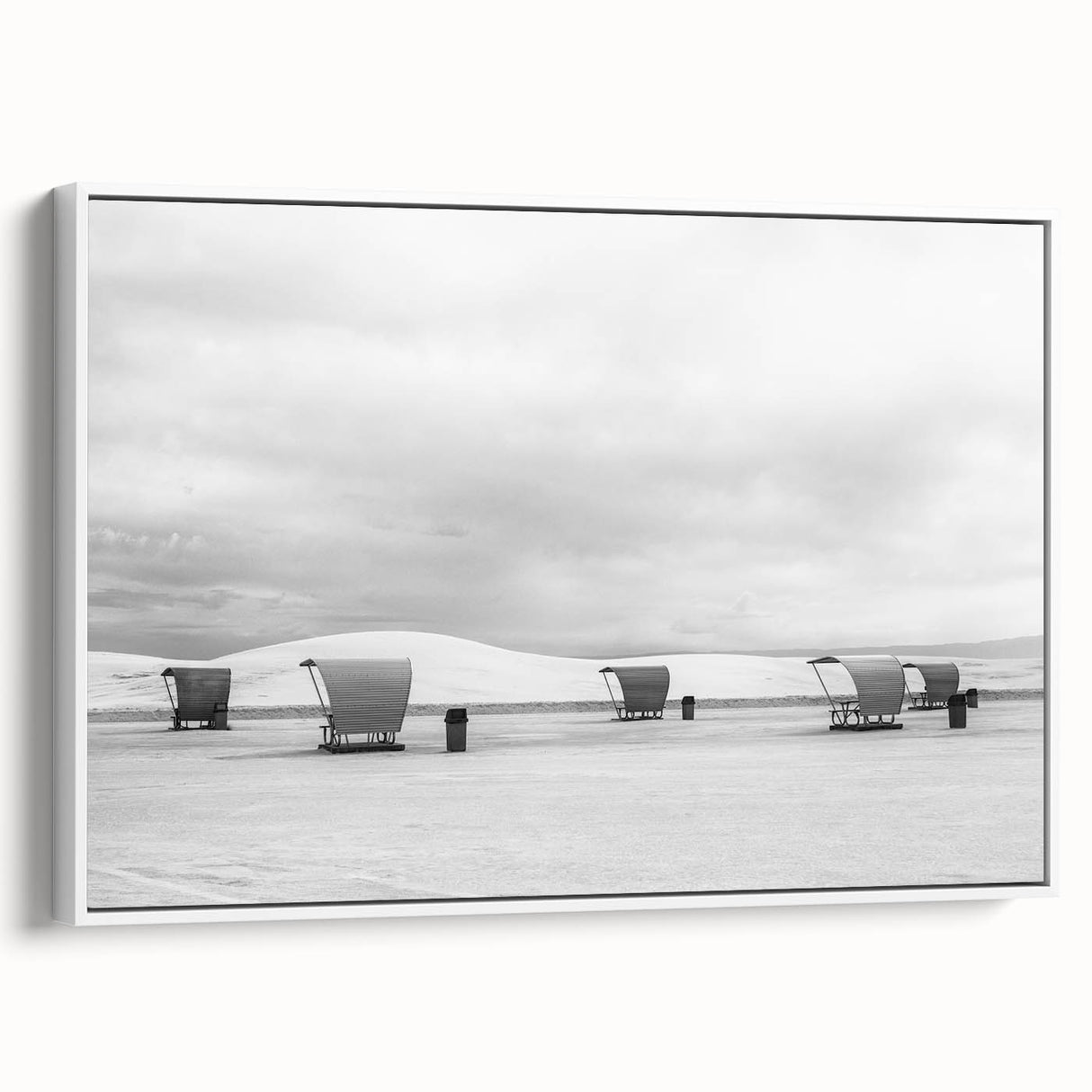 Vintage poster art of White Sands, New Mexico on framed canvas, featuring a monochrome palette, ideal for living room decor.