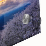 Large abstract wall art depicting the Blue Ridge in muted blue tones, acrylic print, ideal for dining room ambiance.