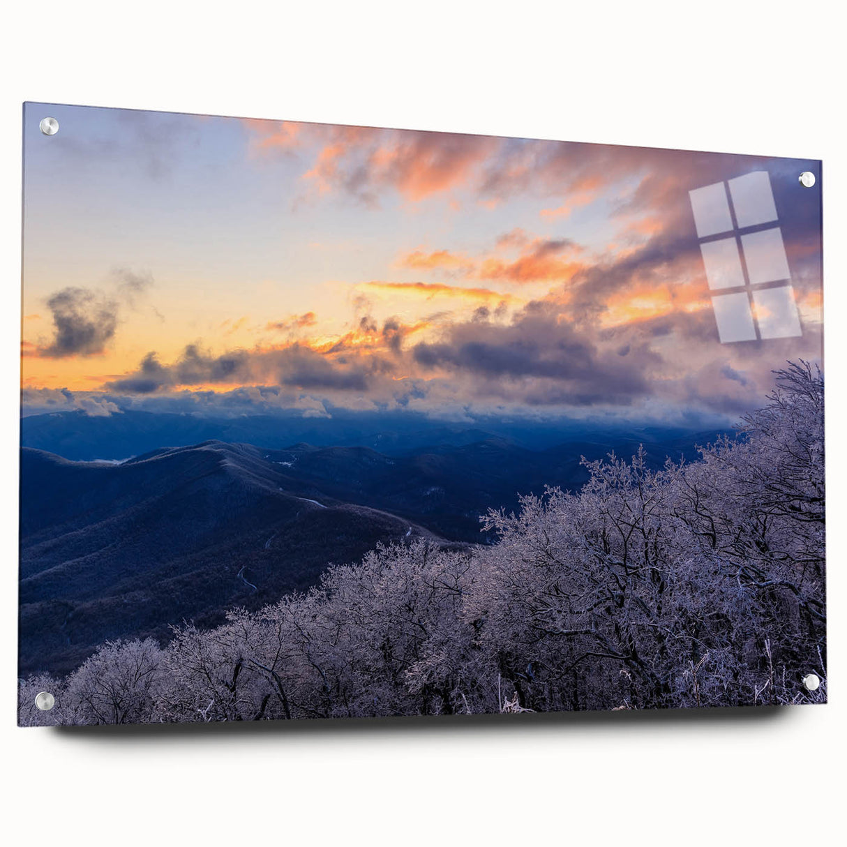 Acrylic print of the Blue Ridge Mountains in muted blue and green tones, suitable for bedroom or dining room decor.