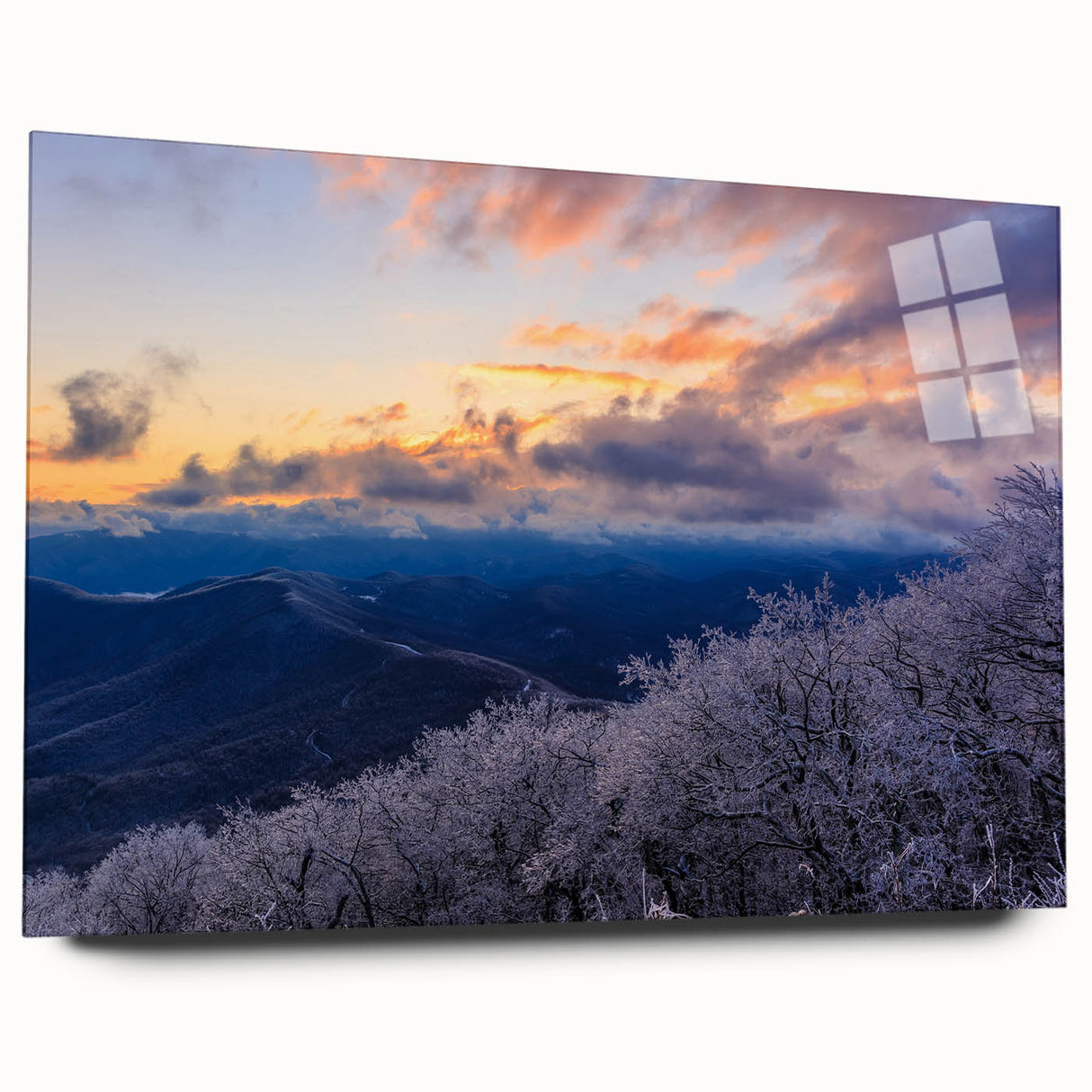 Acrylic print of the Blue Ridge Mountains in muted blue and green tones, suitable for bedroom or dining room art.