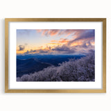 Extra large abstract art print of the Blue Ridge Mountains in muted blues and greens, framed in gold.