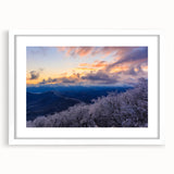 Abstract art print of the Blue Ridge in North Carolina, featuring muted earth tones on a framed white mat.