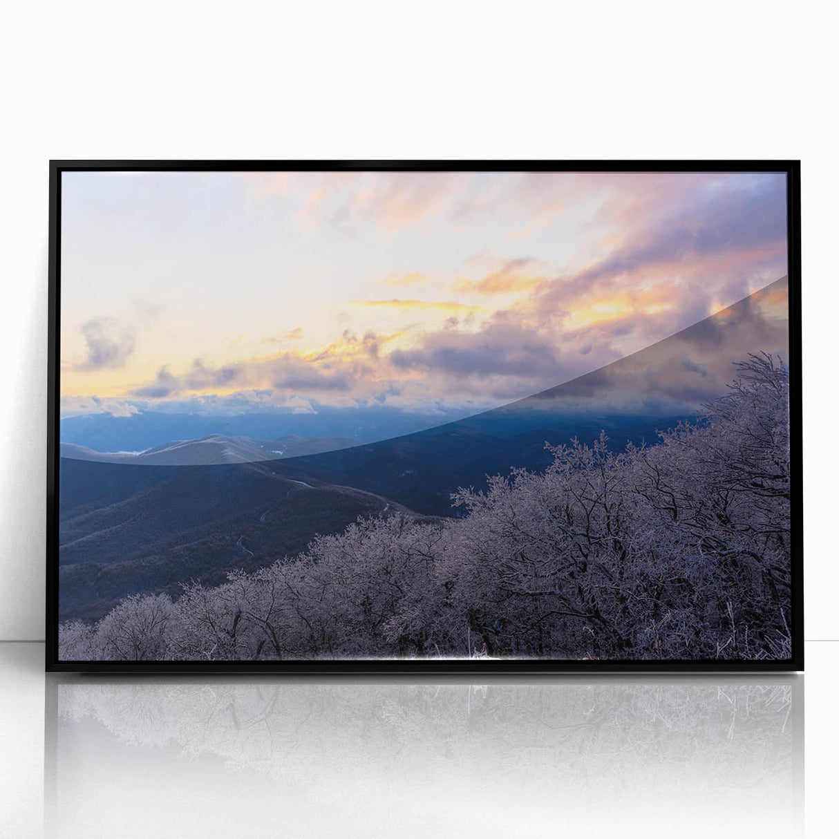 Large abstract wall art depicting the Blue Ridge in North Carolina, framed in black acrylic.
