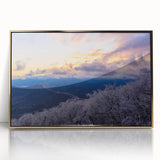 Acrylic print of Blue Ridge landscape in muted earth tones, framed in gold, suitable for modern art wall decor.