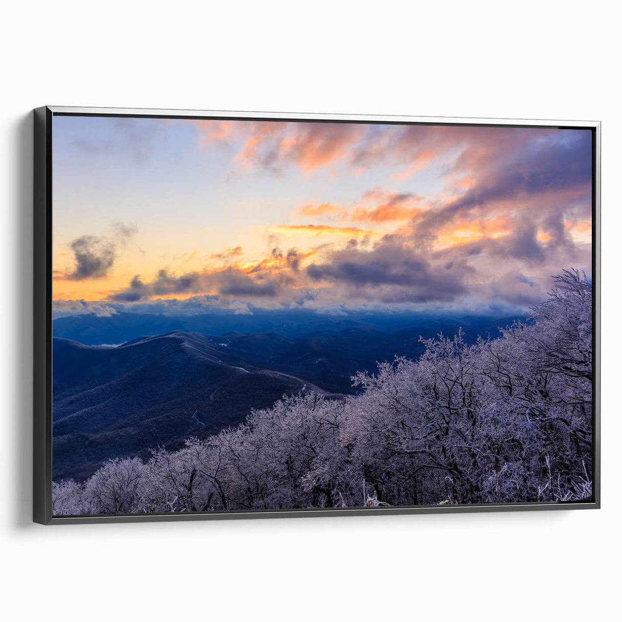 Black and white wall art of Blue Ridge landscape on framed canvas, suitable for bedroom decor.