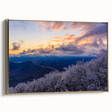 Framed canvas of Blue Ridge landscape in muted greens and blues, ideal for bedroom wall art.