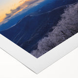 Art deco poster of Blue Ridge Mountains in muted blue and green tones on rolled canvas, suitable for dining room wall art.