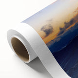 Art deco poster of Blue Ridge Mountains in muted blue tones on rolled canvas, ideal for nursery wall art.