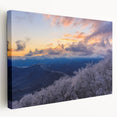 Blue Ridge mountain landscape on large stretched canvas in natural hues, suitable for kitchen wall art.