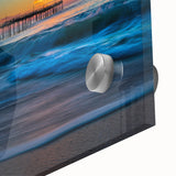 Large abstract depiction of Cape Hatteras in muted blue and green tones on acrylic glass, suitable for dining room art.