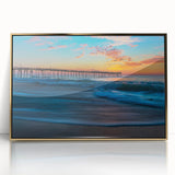 Framed acrylic print of Cape Hatteras with mid-century modernist style in muted gold and blue tones.