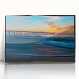 Mid-century modernist art depicting Cape Hatteras with silver-framed acrylic, featuring cool blue and gray tones.