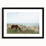 Colorful abstract art print of Outer Banks, featuring vibrant hues on textured canvas, framed in black.