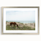Textured abstract art print of the Outer Banks in North Carolina, featuring muted earth tones on a framed silver mat.