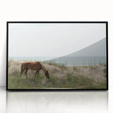 Large abstract wall art of Outer Banks, North Carolina in mid-century modernist style, acrylic print in black frame.