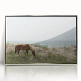 Mid-century modernist art depicting the Outer Banks in muted blue tones on a framed acrylic print.