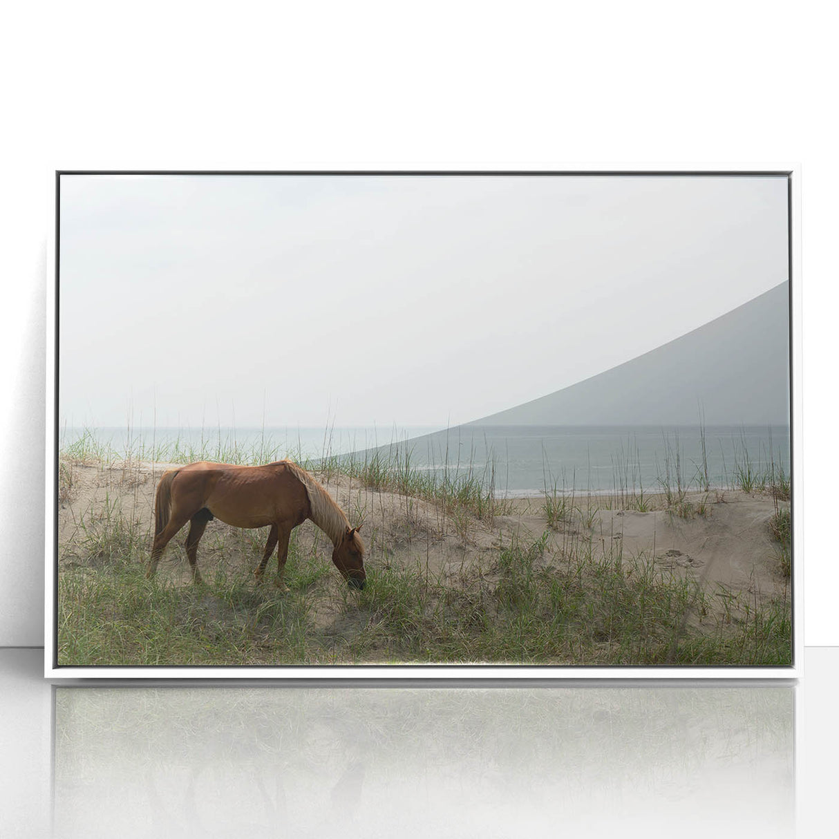 Art Deco style poster of Outer Banks, North Carolina, featuring muted blue and white tones on framed acrylic.