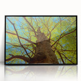 Large abstract wall art of Raleigh skyline in muted grays and blues, framed acrylic, suitable for modern art wall decor.