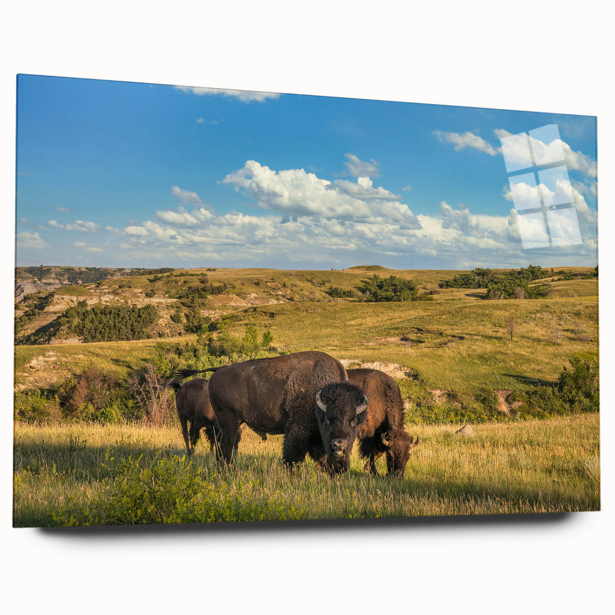 Large abstract depiction of North Dakota scenery on acrylic glass, in muted earth tones.