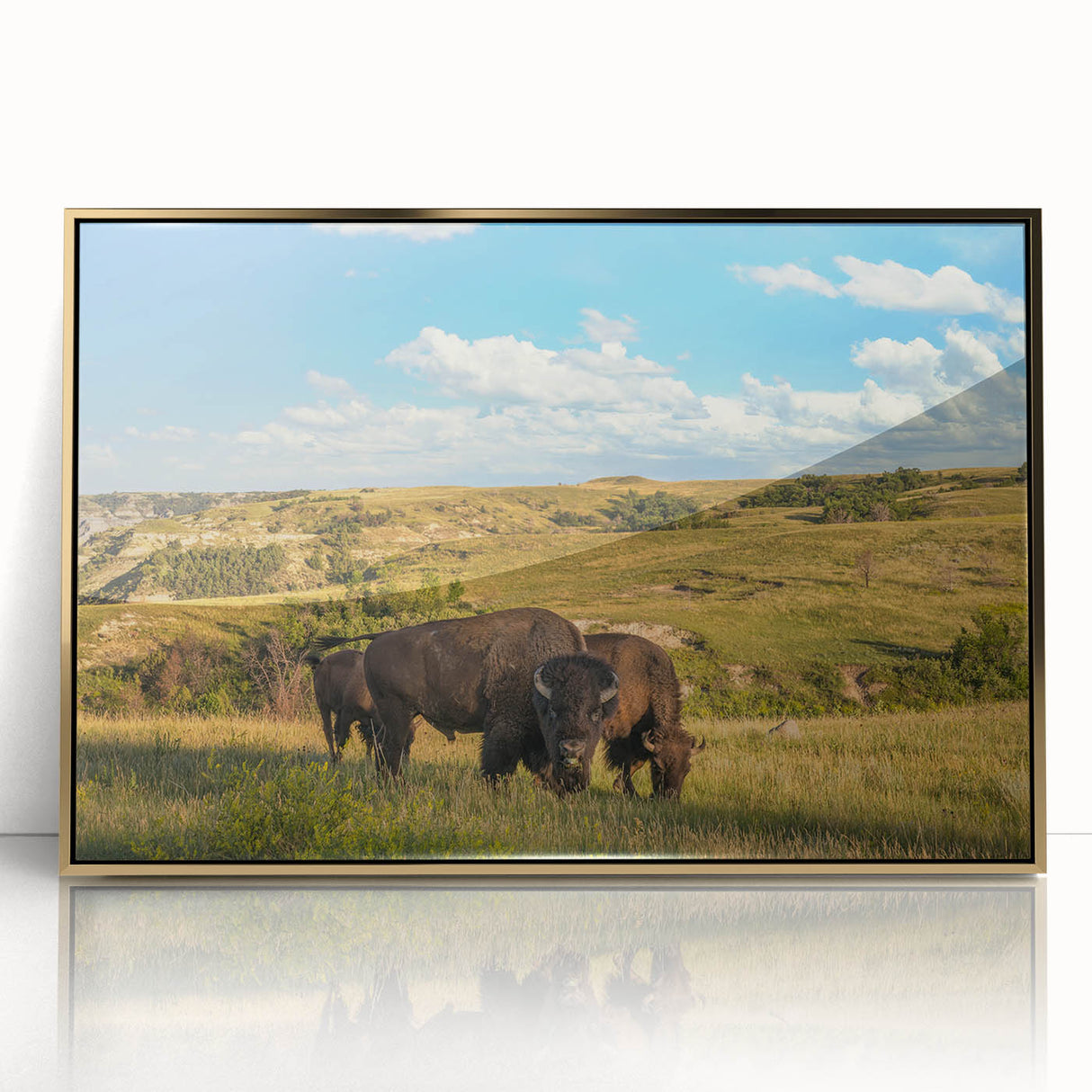 Large art print of North Dakota scenery in mid-century modernist style, acrylic on framed gold canvas.
