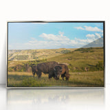 Mid-century modernist art depicting North Dakota scenery in muted earth tones on a silver-framed acrylic print.