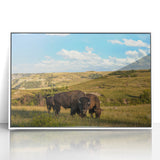 Art deco poster of North Dakota scenery in muted earth tones on framed acrylic.