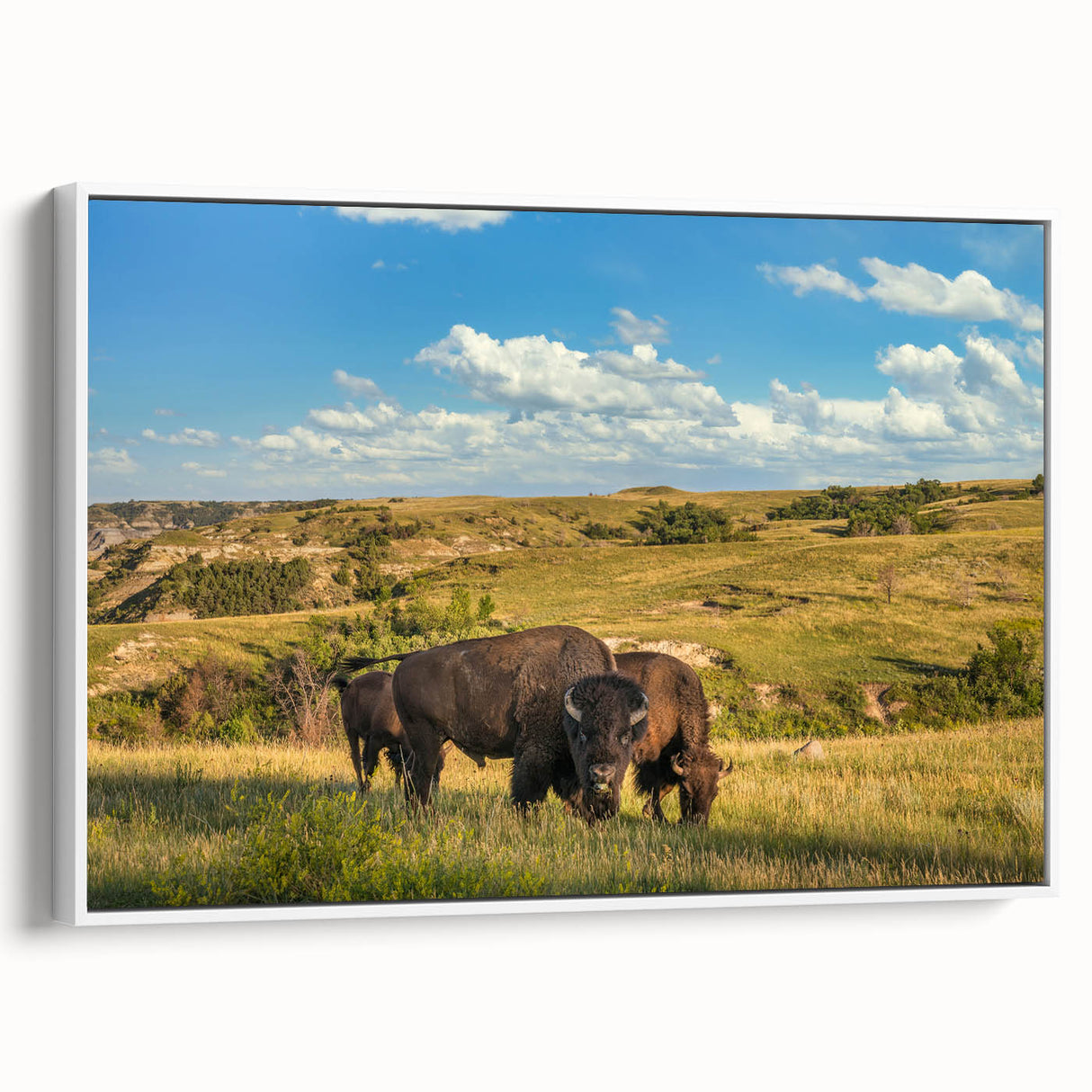 Vintage poster art of a North Dakota landscape in vibrant colors on a large framed canvas, ideal for living room decor.