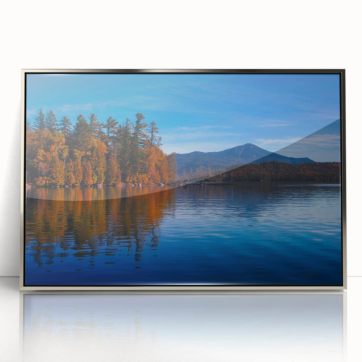 Mid-century modernist art of Adirondack scenery in earth tones on a silver-framed acrylic, ideal for nursery wall art.